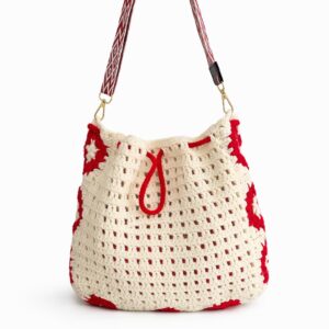 Cream & Red Granny Square Hobo Bag